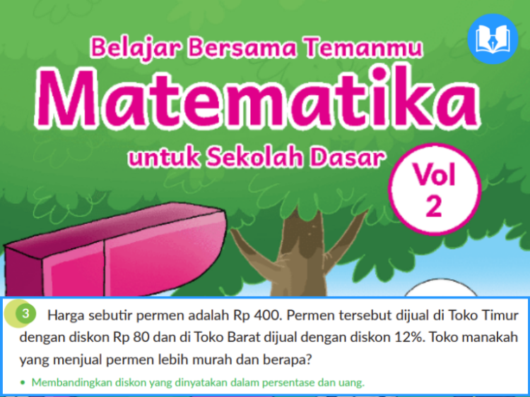 Harga sebutir permen adalah Rp 400. Permen tersebut dijual di Toko Timur dengan diskon Rp 80 dan di Toko Barat dijual dengan diskon 12%. Toko manakah yang menjual permen lebih murah dan berapa?