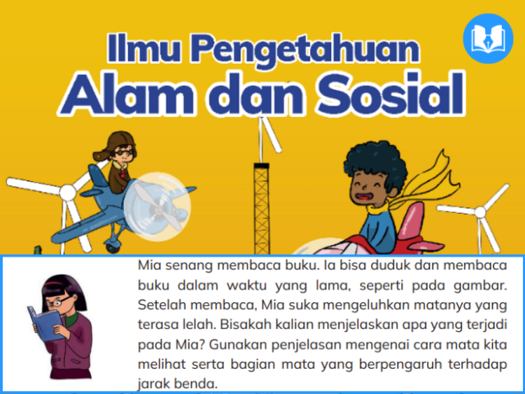 Mia senang membaca buku. Ia bisa duduk dan membaca buku dalam waktu yang lama, seperti pada gambar